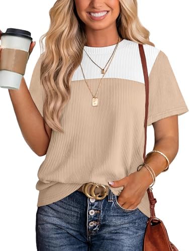 Clean horizontal bands of warm khaki and bright white give this short-sleeve knit top a tidy, put-together finish.