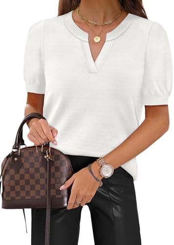 A crisp white fine-gauge knit top with a neat V-neckline, designed for warm office days and easy packing for summer trips.