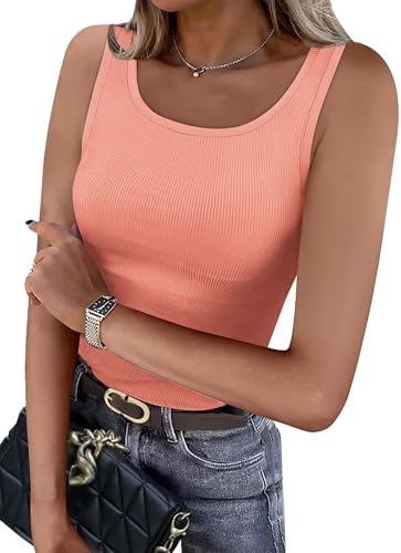 A ribbed knit tank in warm coral pink, cut close to the body with an open scoop neckline for sunny afternoons.