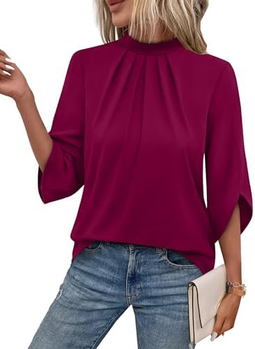 Petal sleeves and front pleats shape this mock neck blouse in a deep purple red hue that moves easily into evening plans.