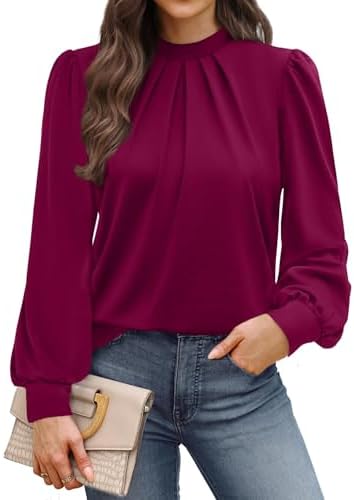Draped in deep purple red, this mock neck blouse pairs subtle front pleats with lightweight stretch for clean workdays.