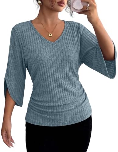 Cool blue ribbed fabric pairs with a relaxed V-neck and batwing sleeves for easy warm-weather dressing.