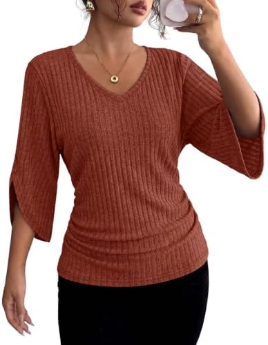 A warm caramel ribbed knit top cut with easy dolman sleeves and an open V-neckline for clean everyday dressing.