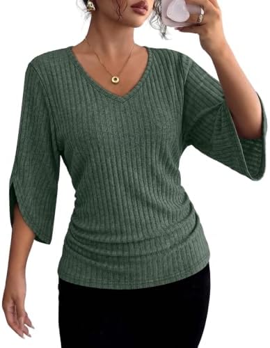 A rich green ribbed knit shapes this easy V-neck top, finished with drapey three-quarter dolman sleeves for office days.