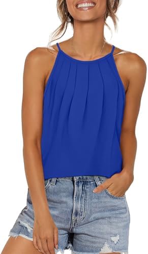 Draped pleats and a rich royal blue tone turn this loose halter tank into an easy choice for warm afternoons.