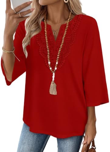 A vivid red knit top with delicate front lace detailing and three-quarter sleeves for warm spring days.