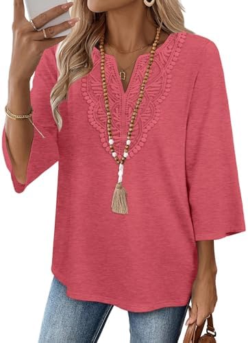 A soft v-neck tunic in dusty rose pink with delicate front lace detailing and three-quarter sleeves for warm afternoons.