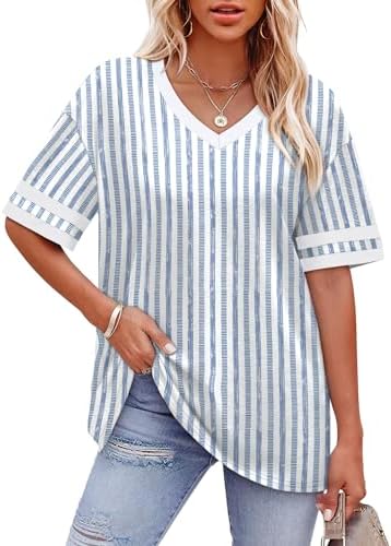 Crisp blue and white striped sleeve bands give this soft V-neck tee a clean, nautical look for warm-weather days.