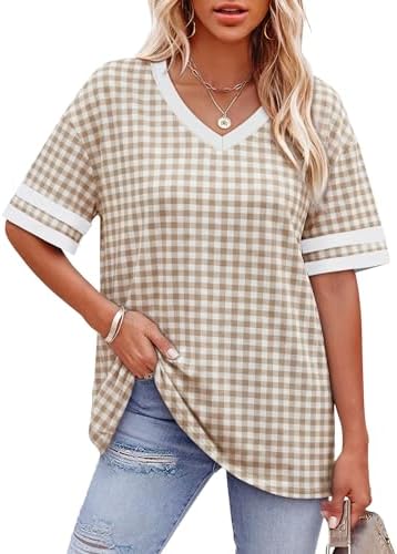 Tonal light khaki gingham pairs with striped cuff accents on a soft knit tee cut loose through the body.