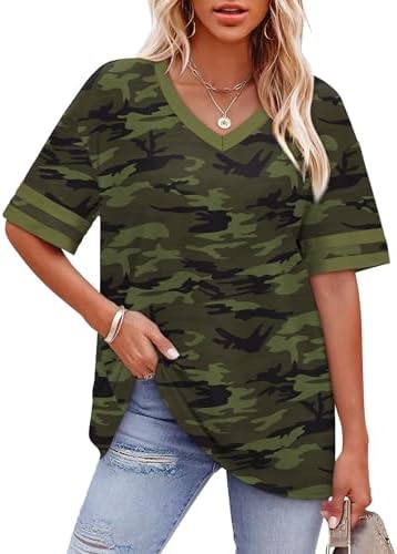 Earthy camo print meets sporty striped cuffs in this breezy V-neck tee cut with plenty of room through the body.