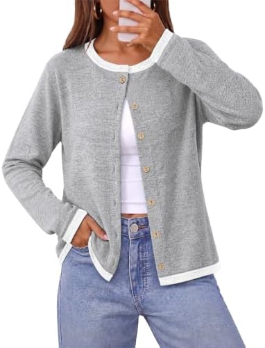 A soft heather grey knit cardigan finished with contrasting trim along the neckline, cuffs, and button placket.