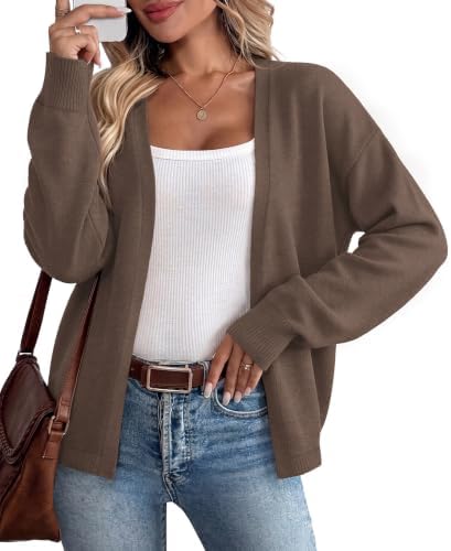 Spun in rich brown with contrasting striped cuffs, this open-front knit layers easily over tees and dresses when breezes kick up.