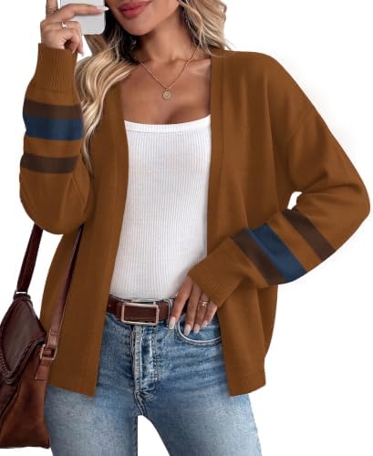 Rich caramel knit brings warm contrast to light tanks and denim on breezy evenings, finished with striped cuffs.