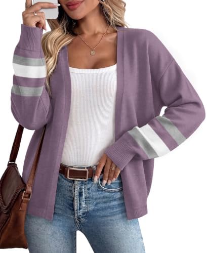 A soft purple knit cardigan with wide balloon sleeves and contrasting striped cuffs for cool mornings and air-conditioned rooms.