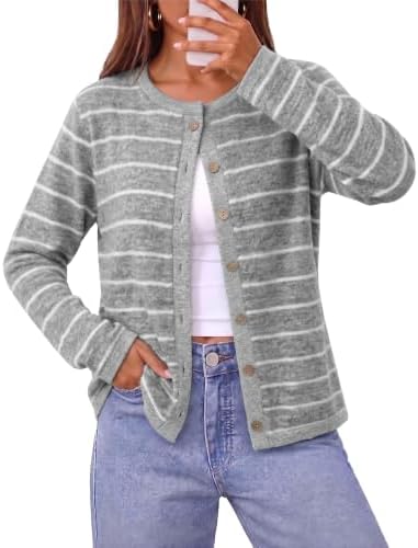 A soft striped knit cardigan in calm grey tones, finished with clean contrast banding at the neckline, cuffs, and hem.