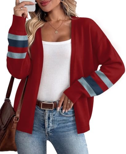 A rich red knit with bold striped cuffs, cut loose through the body for easy layering on cool mornings.