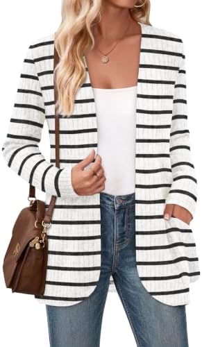 Clean horizontal stripes run across this lightweight open cardigan, finished with deep front pockets and a soft brushed hand.