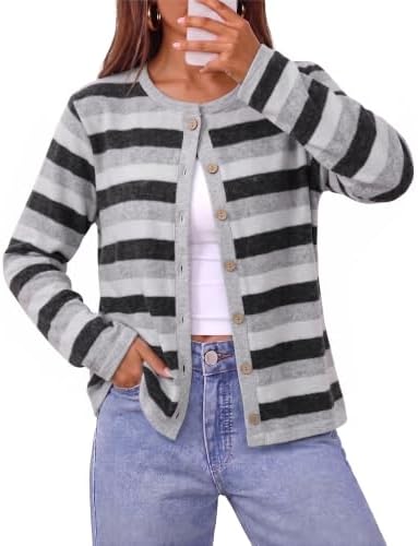 Crisp black stripes with contrast trim bring clean lines to our lightweight button-front knit cardigan.