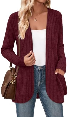 A rich red knit with an open front and side pockets brings easy warmth over casual tees and holiday dresses.