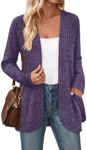 Brushed purple knit with a clean open front and deep side pockets, cut to hit right at the hip for breezy seasonal layering.