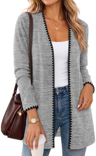 Finished with delicate contrast scallop trim, this open front cardigan in cool light grey layers smoothly over summer tanks.
