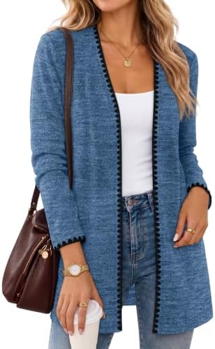 Crisp blue knit with embroidered contrast trim gives this open-front cardigan an easy layer for cool mornings and office air conditioning.