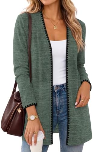 A rich green lightweight knit layers smoothly over tanks and tops with contrast trim along the open front.