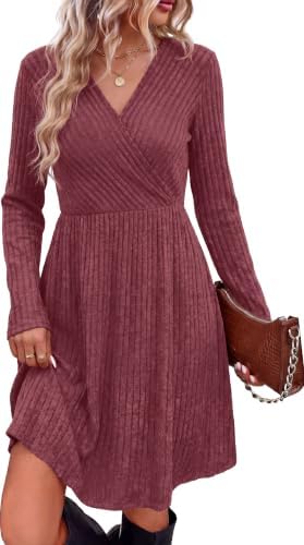 A vivid hot pink ribbed dress cut with a wrap-style V-neck and hidden side pockets for bright cool-weather layering.