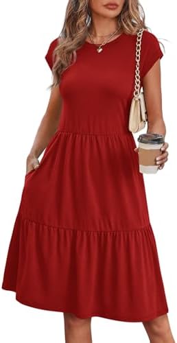 A bright red tiered sundress cut with neat cap sleeves, deep side pockets, and an easy drape that hits around the knee.
