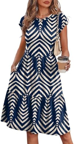 Deep navy patterning disguises travel wrinkles on this airy cap-sleeve babydoll cut with roomy hidden pockets.