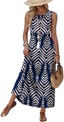 Crisp navy print gives this sleeveless maxi dress a steady backdrop for sunny days, complete with side pockets and a soft babydoll cut.