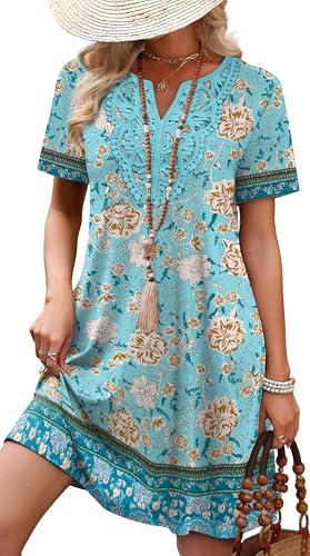 A soft blue vintage floral print meets delicate lace trim at the neck on this easy midi t-shirt dress.