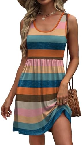 Bright bands of color run across this breezy sleeveless knit sundress, cut with deep side pockets and an easy scoop neckline.