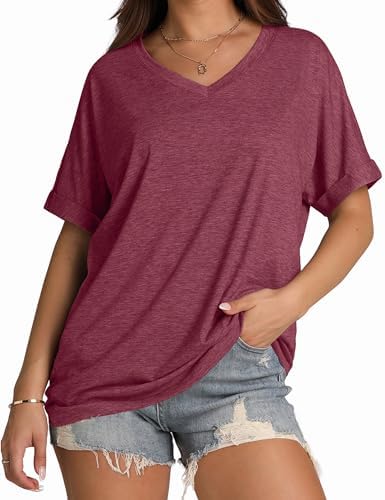 A rich purple summer tee cut roomier through the body with rolled cuffs and a classic V-neck.