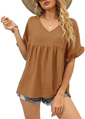 Ruffle sleeves and a deep coffee tone bring a relaxed, breezy mood to this lightweight v-neck top.