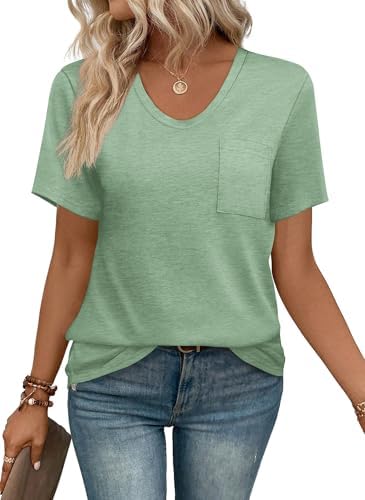 A soft sage green knit cut with a wide scoop neck, short sleeves, and a clean chest pocket for easy everyday wear.