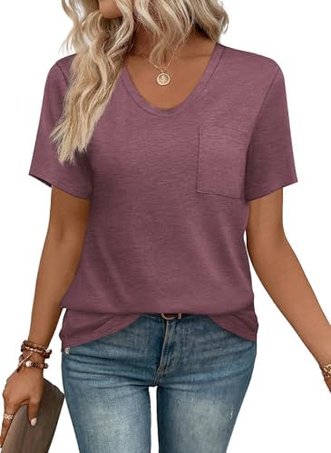 A deep wine red knit tee cut with a wide scoop neck, practical chest pocket, and an easy loose drape for warm days.