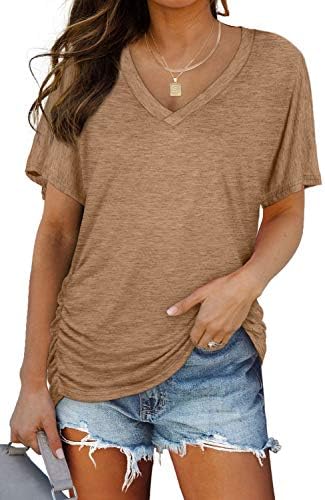 Side shirring gathers the waist of this lightweight V-neck tee, rendered in a rich coffee brown that pairs cleanly with light denim.