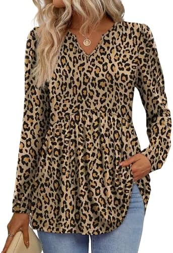 Warm leopard brown spots bring a lively pattern to this loose babydoll tunic cut with soft puff sleeves and an open V neckline.