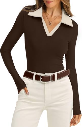 A rich chocolate brown ribbed knit meets an apricot collared polo neckline for crisp mornings and cool evenings.
