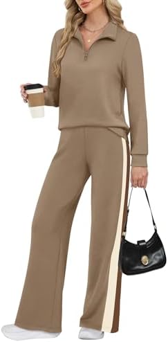 A soft half-zip top and wide leg pants cut from drapey spacer knit in a warm light coffee tone.