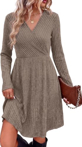 A deep chocolate brown ribbed knit gives this long sleeve wrap dress rich depth for cooler days, finished with side pockets.