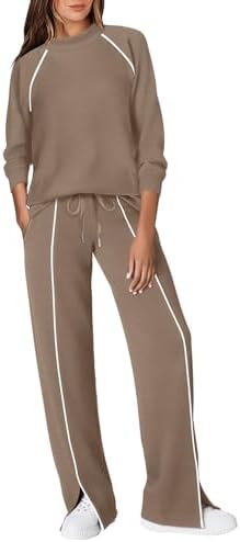 Contrasting piping outlines this sandy khaki two-piece set, cut from a lightweight four-way stretch knit for easy daytime travel.