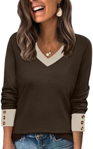Rich earth tones break across this wide V-neck knit sweater, trimmed with three decorative buttons at each wrist.