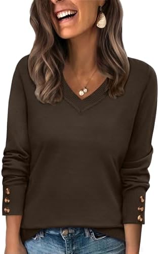 A deep chocolate brown knit with an open wide V-neck and neat button cuffs for breezy evenings and cooler months.