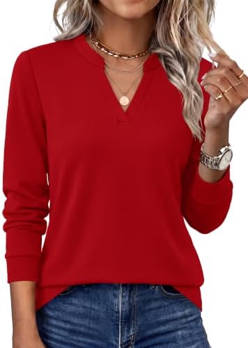 A rich red long sleeve top with an open V-neckline, cut from a soft, opaque stretch knit for cool-weather layering.