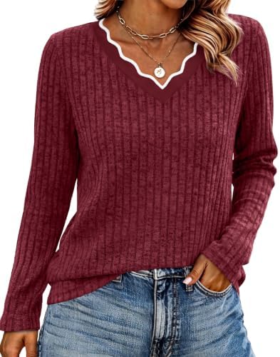 A vivid red knit with a soft scalloped neckline brings cheerful color to cool evenings, office hours, and winter gatherings.