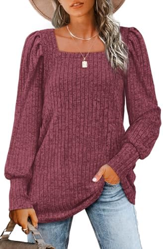 A crisp square neckline and gathered puff sleeves bring polish to this lightweight red knit pullover.
