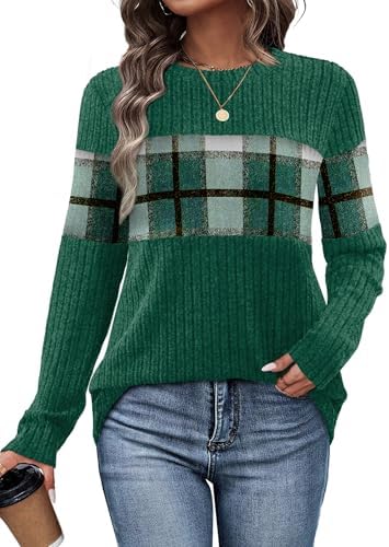 A soft green plaid block across the chest and sleeves gives this light long-sleeve knit an easy seasonal feel.