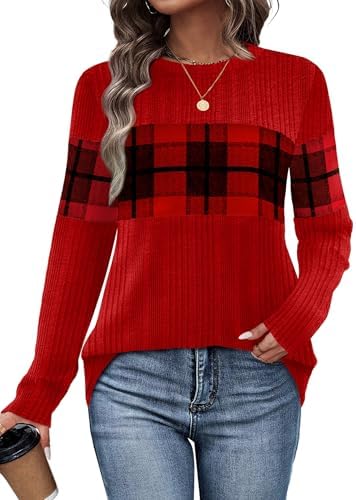 Warm red knit panels meet crisp plaid detailing across the chest on this lightweight, cozy long sleeve pullover top.